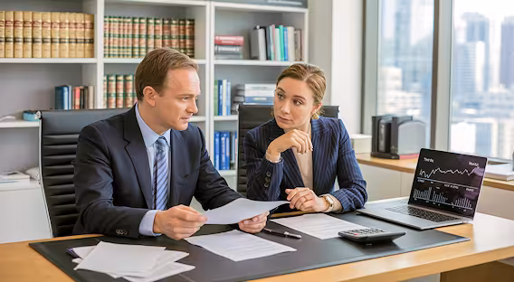 Ein Rechtsanwalt und eine Rechtsanwältin sitzen an einem Schreibtisch und besprechen steuerrechtliche Angelegenheiten
